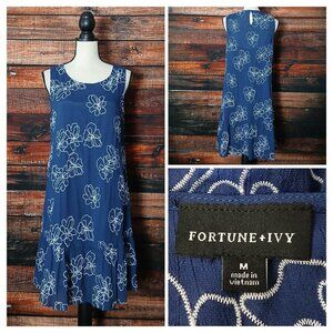Fortune +Ivy Shift Dress Size M Blue White Floral Embroidered with Slip Liner